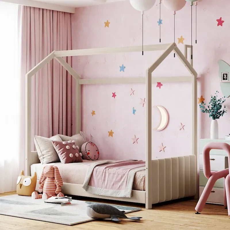 Letto a baldacchino moderno per lettino singolo con testiera a strisce e design a tetto