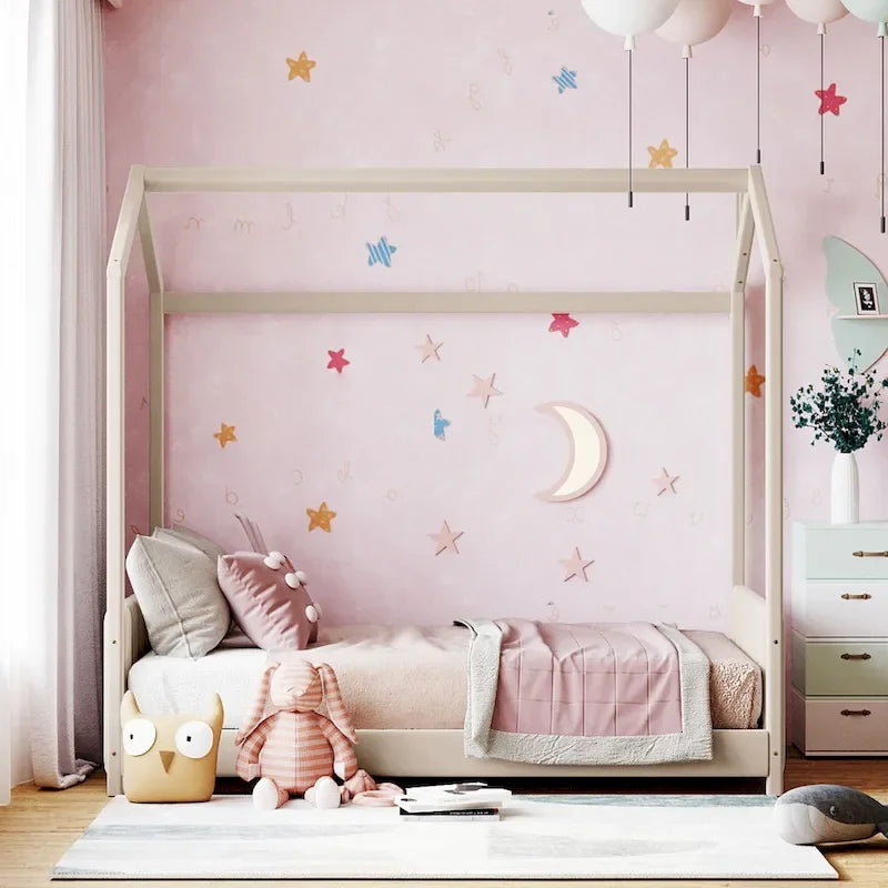 Letto a baldacchino moderno per lettino singolo con testiera a strisce e design a tetto