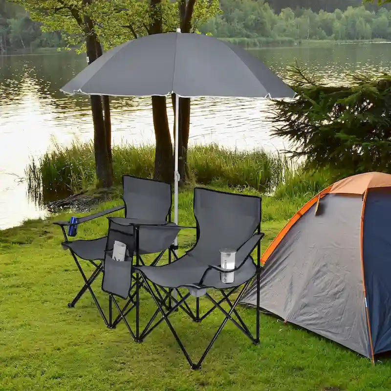 Sedia da picnic pieghevole doppia portatile con ombrellone, tavolo e borsa frigo da spiaggia