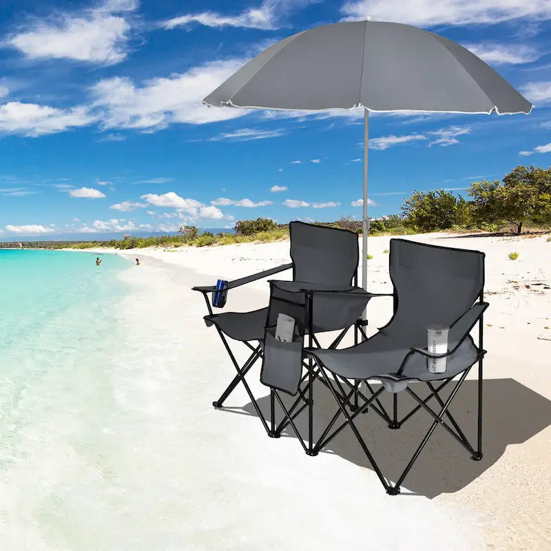 Sedia da picnic pieghevole doppia portatile con ombrellone, tavolo e borsa frigo da spiaggia