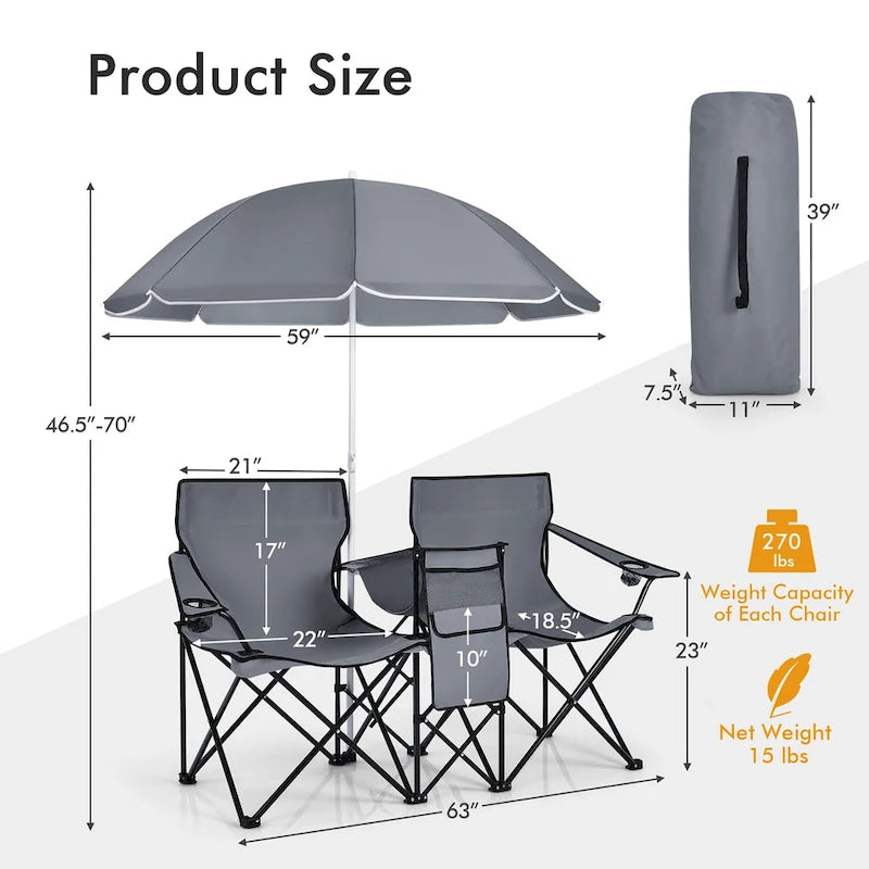 Sedia da picnic pieghevole doppia portatile con ombrellone, tavolo e borsa frigo da spiaggia