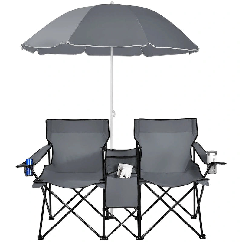 Sedia da picnic pieghevole doppia portatile con ombrellone, tavolo e borsa frigo da spiaggia