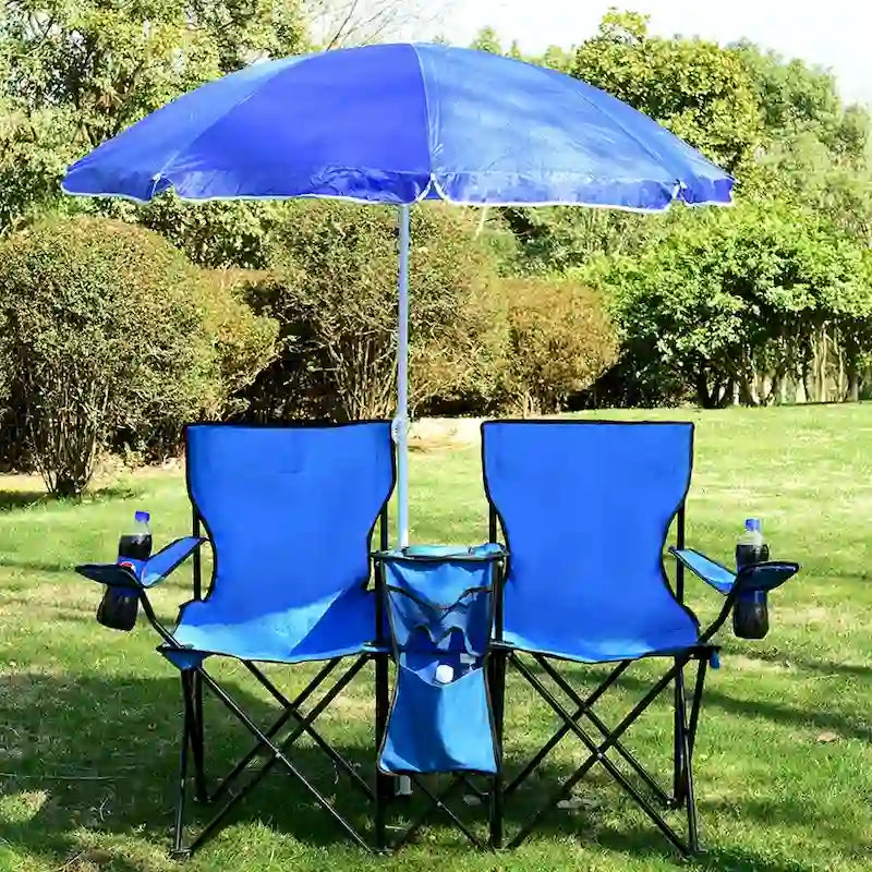 Sedia da picnic pieghevole doppia portatile con ombrellone, tavolo e borsa frigo da spiaggia