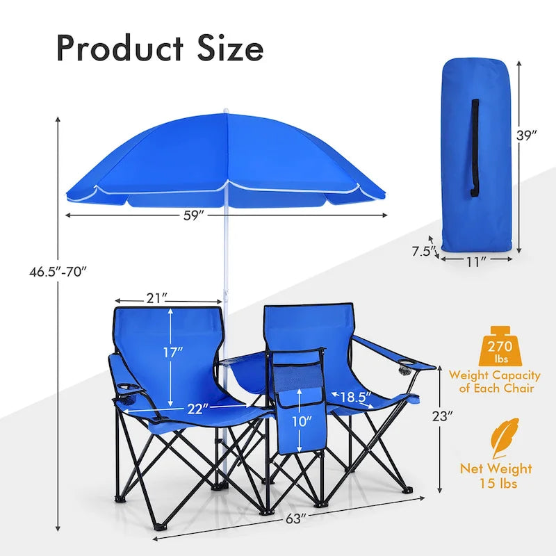 Sedia da picnic pieghevole doppia portatile con ombrellone, tavolo e borsa frigo da spiaggia
