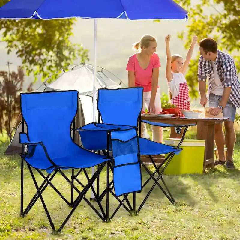 Sedia da picnic pieghevole doppia portatile con ombrellone, tavolo e borsa frigo da spiaggia