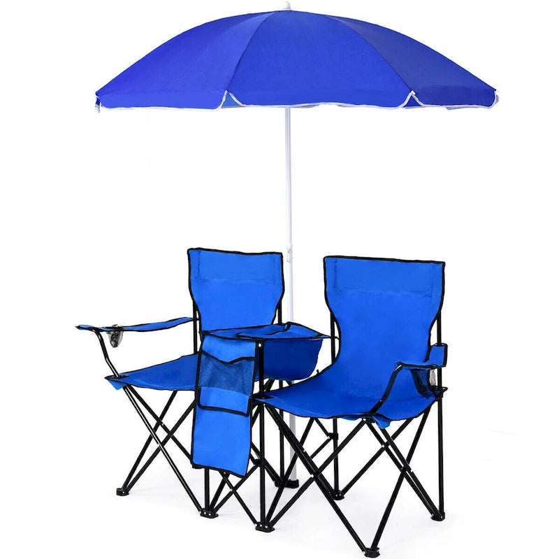 Sedia da picnic pieghevole doppia portatile con ombrellone, tavolo e borsa frigo da spiaggia