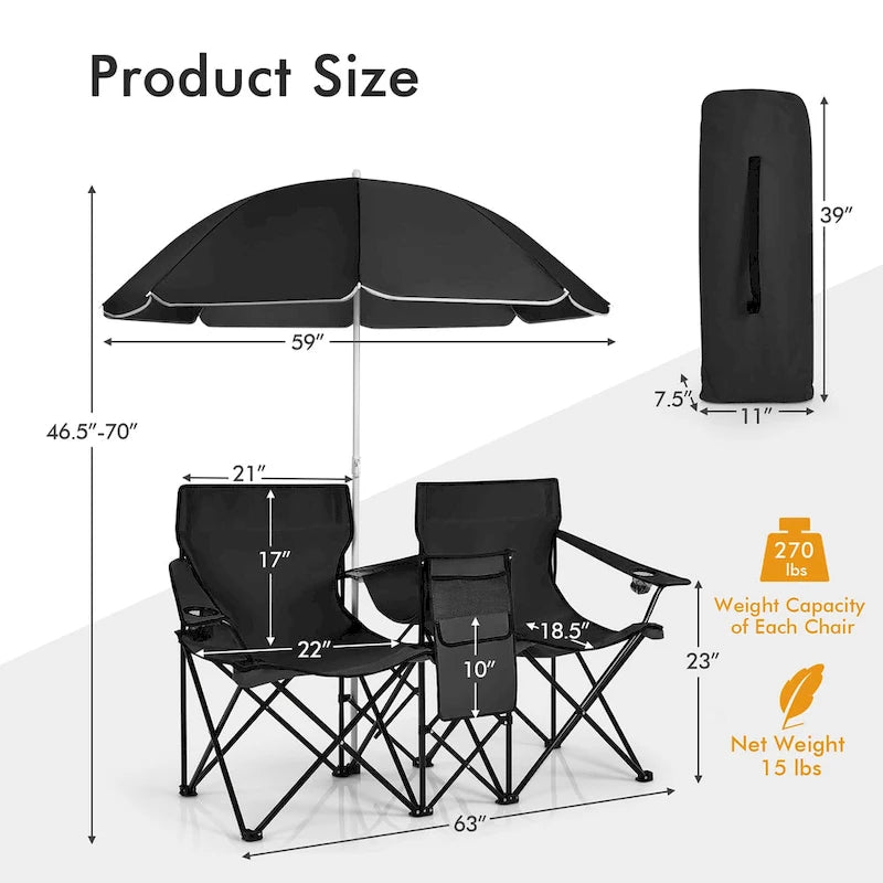 Sedia da picnic pieghevole doppia portatile con ombrellone, tavolo e borsa frigo da spiaggia
