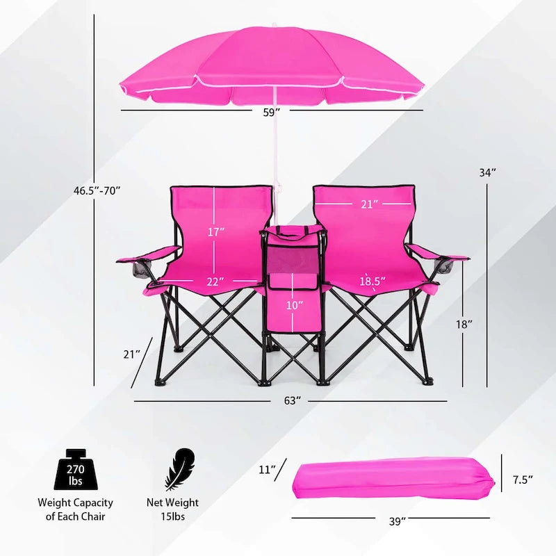 Sedia da picnic pieghevole doppia portatile con ombrellone, tavolo e borsa frigo da spiaggia