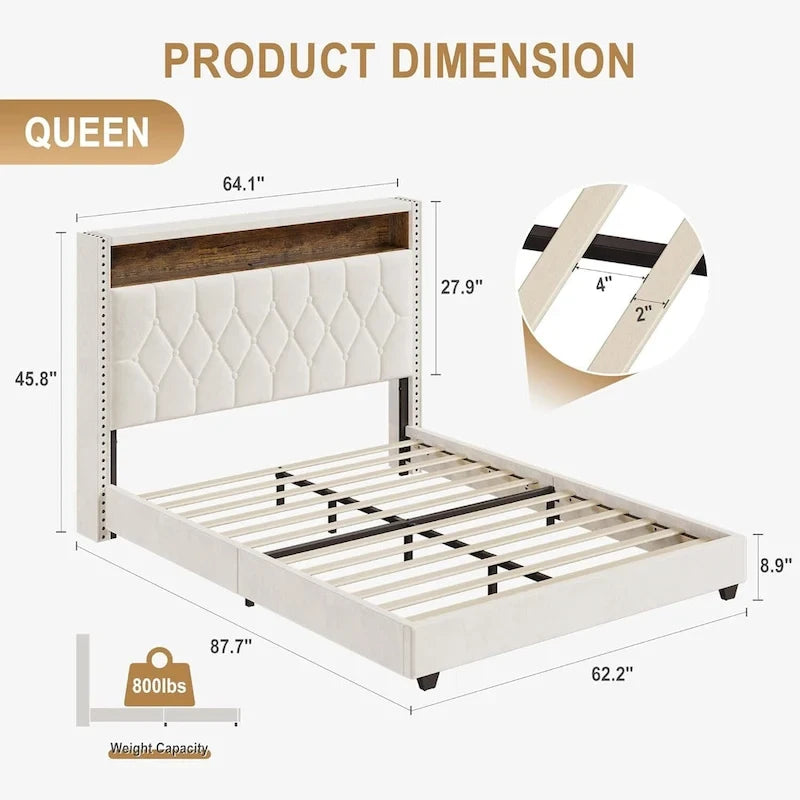 Letto a piattaforma imbottito in velluto con testiera contenitore e alette con borchie