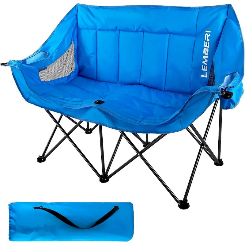 BOSSIN Double Outdoor Camping Chair - Heavy-Duty 650lb XL Folding Loveseat with Cup Holders, Back Storage & Carry Strap