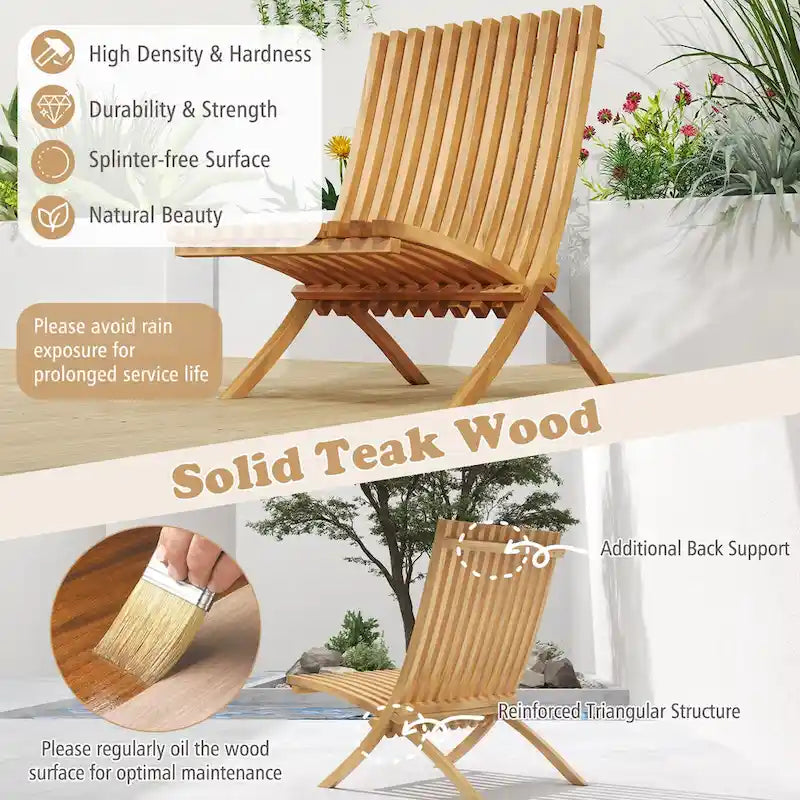 Sedia Pieghevole da Patio Gymax, Sedia a Sdraio da Esterno in Legno di Teak con Doghe