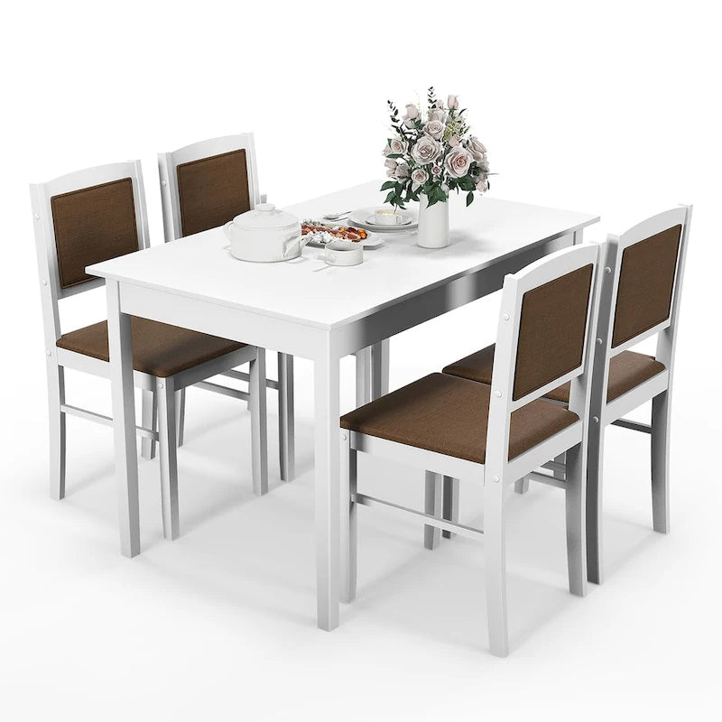 Gymax Set da Pranzo 5 Pezzi per 4 Persone con Tavolo e Sedie con Gambe in Legno di Caucciù e Seduta Imbottita
