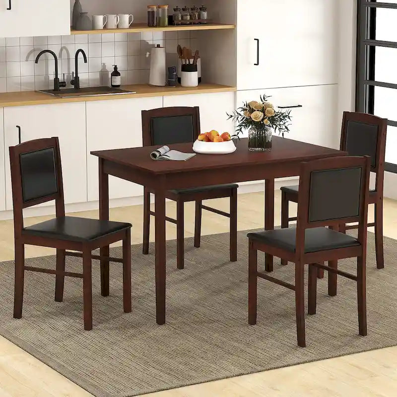 Gymax Set da Pranzo 5 Pezzi per 4 Persone con Tavolo e Sedie con Gambe in Legno di Caucciù e Seduta Imbottita