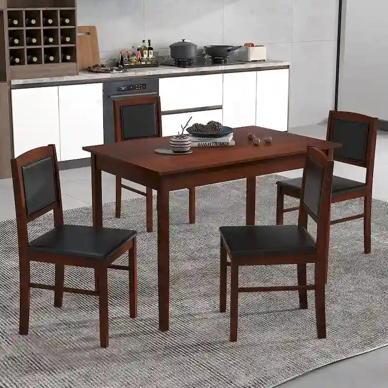 Gymax Set da Pranzo 5 Pezzi per 4 Persone con Tavolo e Sedie con Gambe in Legno di Caucciù e Seduta Imbottita