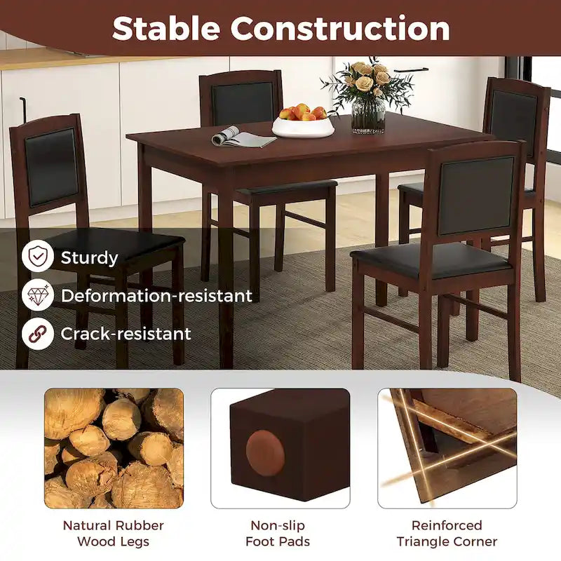 Gymax Set da Pranzo 5 Pezzi per 4 Persone con Tavolo e Sedie con Gambe in Legno di Caucciù e Seduta Imbottita