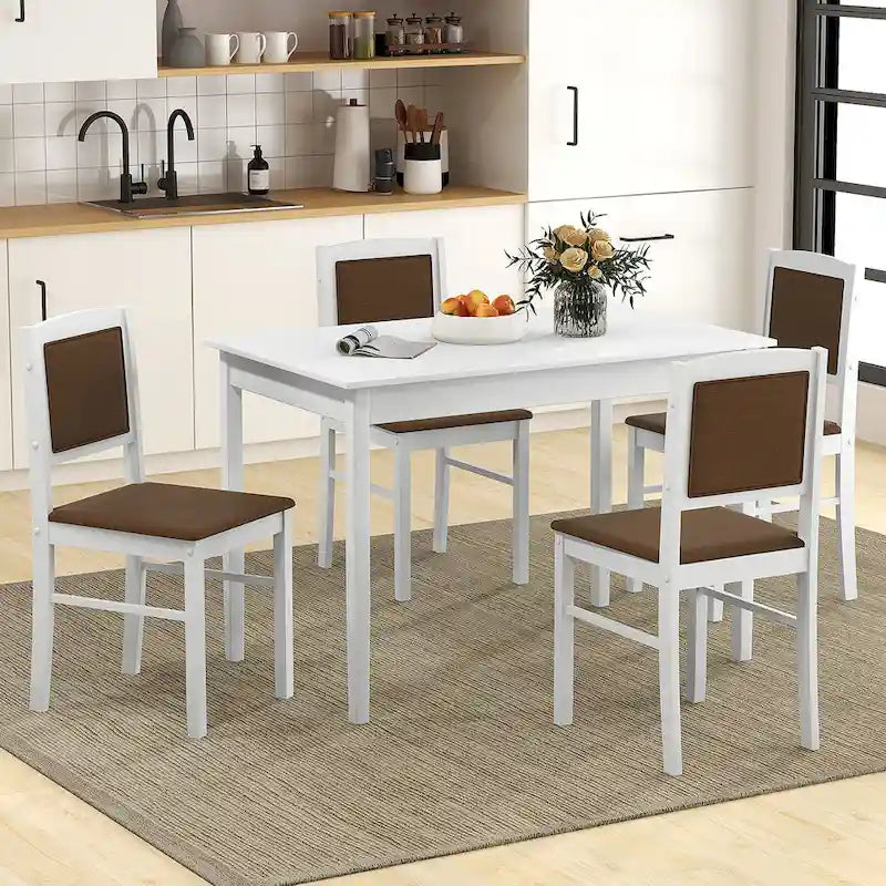 Gymax Set da Pranzo 5 Pezzi per 4 Persone con Tavolo e Sedie con Gambe in Legno di Caucciù e Seduta Imbottita