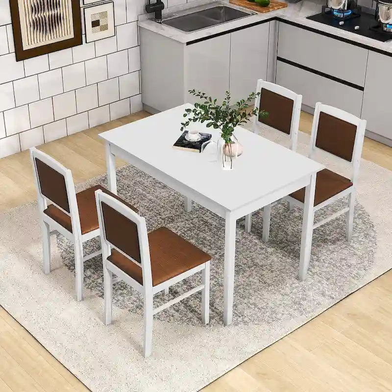 Gymax Set da Pranzo 5 Pezzi per 4 Persone con Tavolo e Sedie con Gambe in Legno di Caucciù e Seduta Imbottita