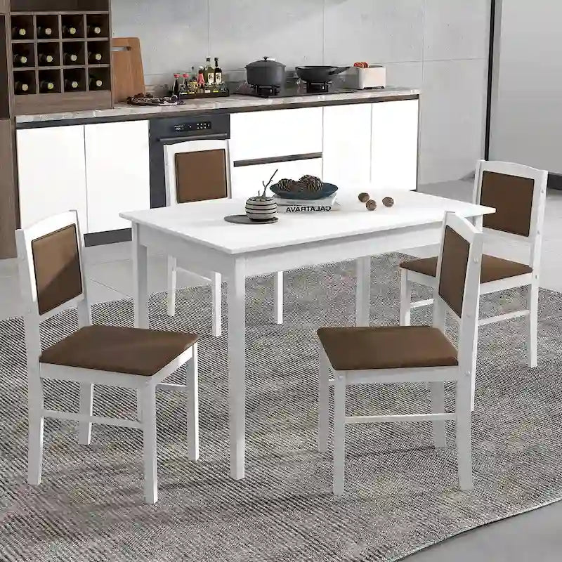 Gymax Set da Pranzo 5 Pezzi per 4 Persone con Tavolo e Sedie con Gambe in Legno di Caucciù e Seduta Imbottita