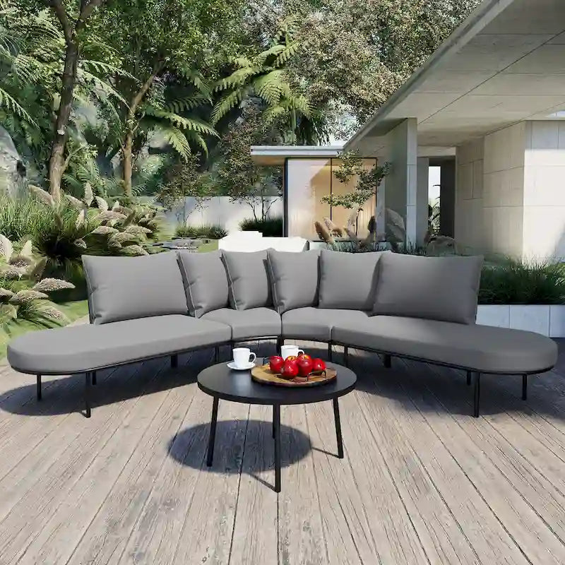 Set divano da giardino a mezzaluna con tavolino da caffè, set di mobili da esterno curvo per tutte le stagioni con sedute e schienale imbottiti