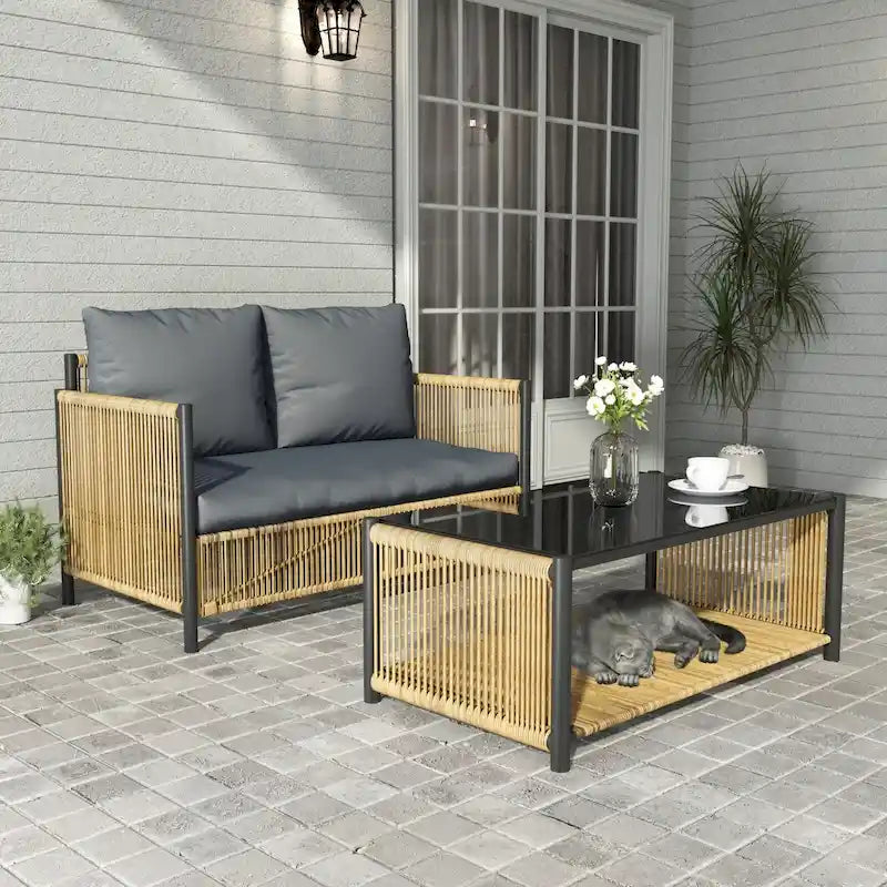 Set Divano a 2 Posti in Rattan PE per Esterni, 2 Pezzi, Mobili da Giardino per Conversazione per Tutte le Stagioni con Tavolino Rettangolare