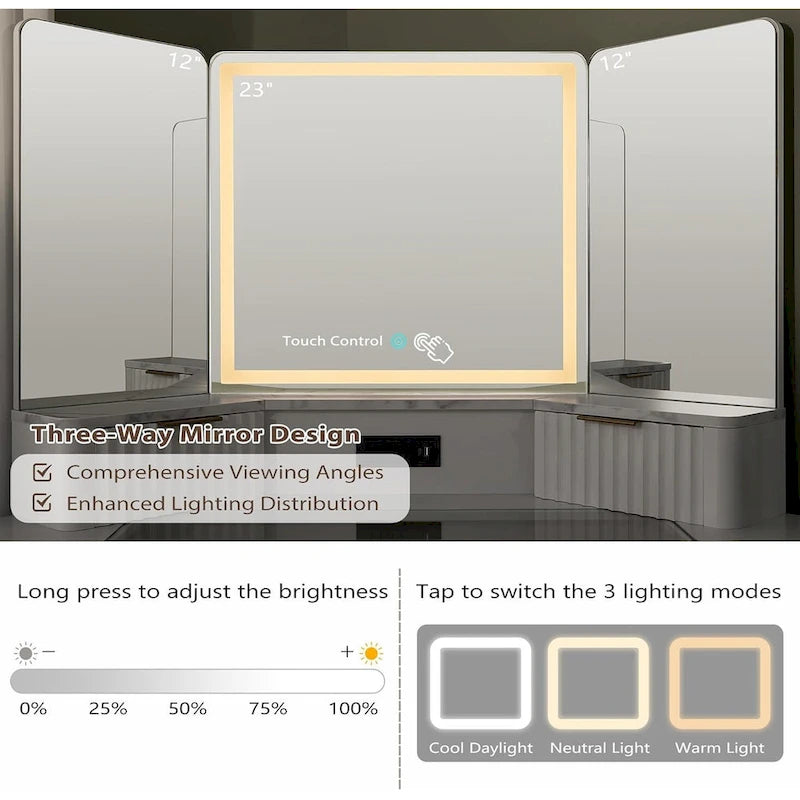 Toeletta Moderna a Scanalature con Specchio a 3 Ante e Luci, Tavolo da Trucco