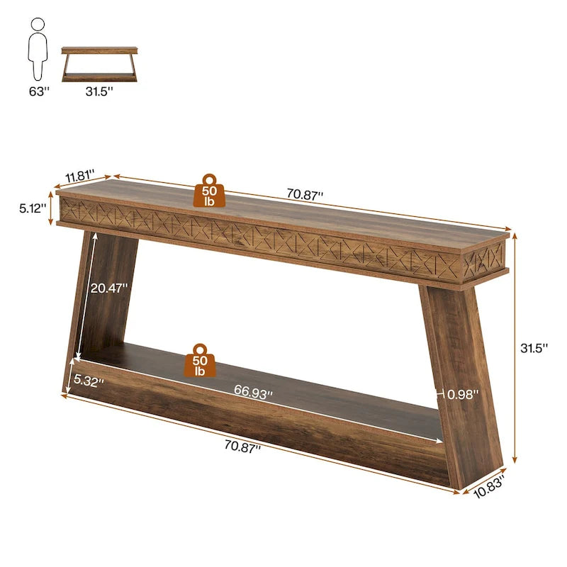 Tavolo da ingresso extra lungo da 70,87 pollici, consolle stretta a 2 livelli con contenitore - 70,87L x 11,81P x 31,5A
