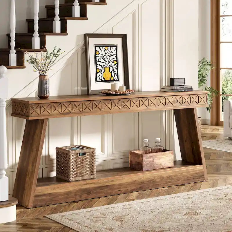 Tavolo da ingresso extra lungo da 70,87 pollici, consolle stretta a 2 livelli con contenitore - 70,87L x 11,81P x 31,5A