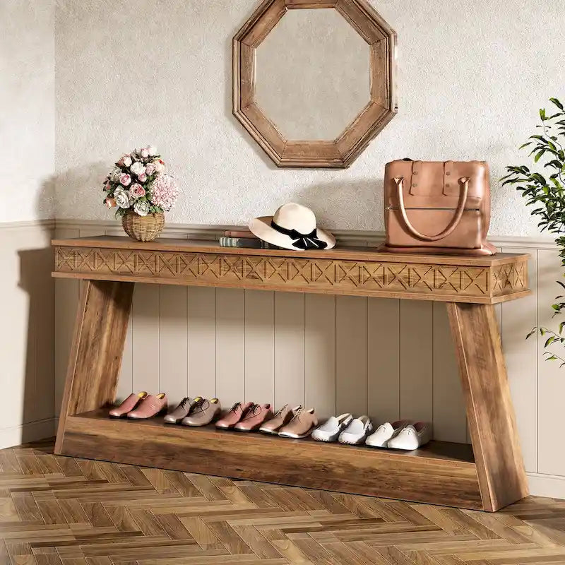 Tavolo da ingresso extra lungo da 70,87 pollici, consolle stretta a 2 livelli con contenitore - 70,87L x 11,81P x 31,5A