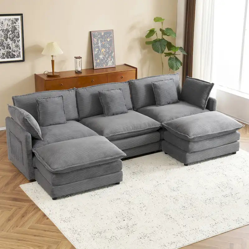 Divano modulare, divano componibile a L rivestito in velluto a coste con tasche laterali e pouf mobile