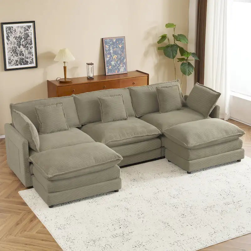 Divano modulare, divano componibile a L rivestito in velluto a coste con tasche laterali e pouf mobile