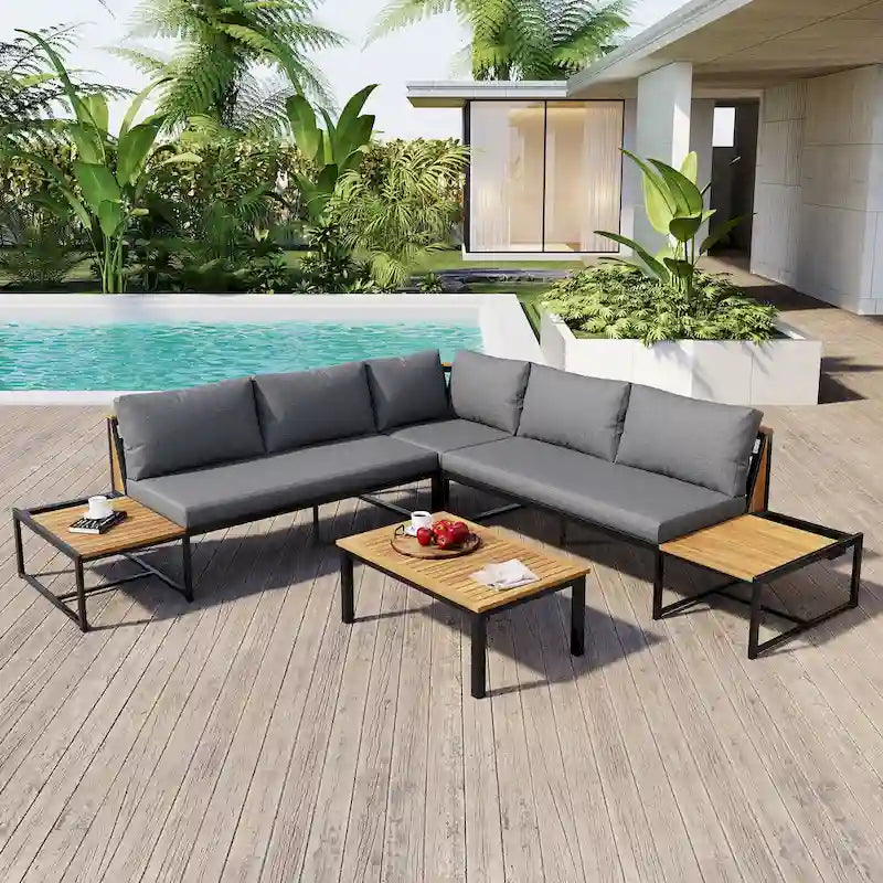 Set da divano da esterno 4 pezzi con cuscini impermeabili e design resistente in ferro e legno