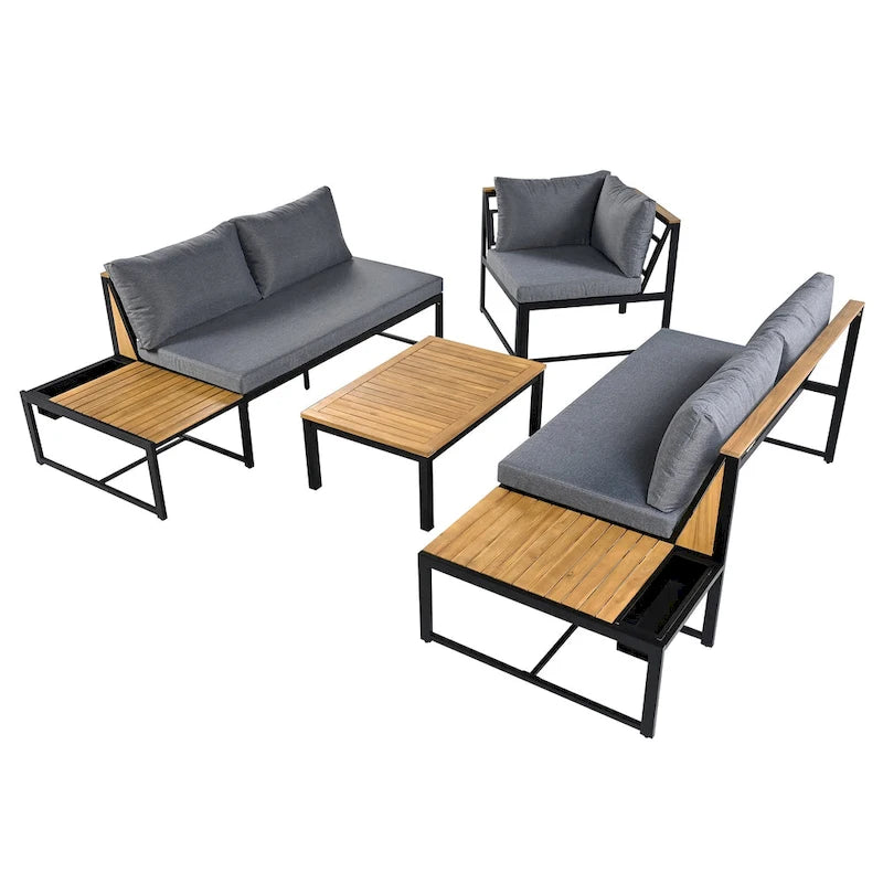Set da divano da esterno 4 pezzi con cuscini impermeabili e design resistente in ferro e legno
