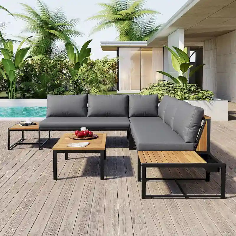 Set da divano da esterno 4 pezzi con cuscini impermeabili e design resistente in ferro e legno