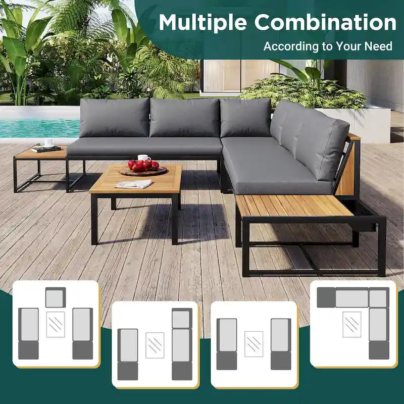 Set da divano da esterno 4 pezzi con cuscini impermeabili e design resistente in ferro e legno