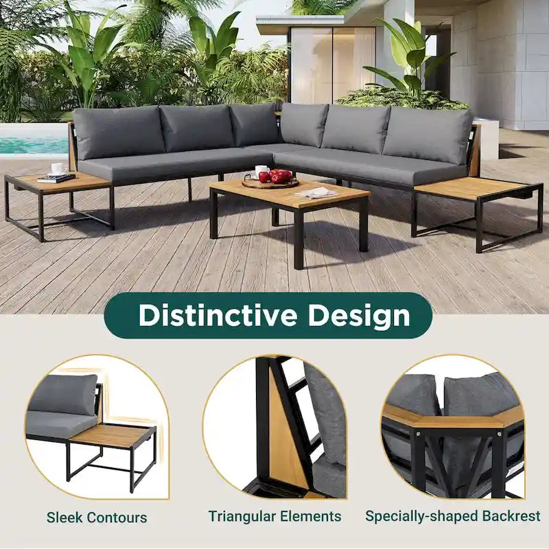 Set da divano da esterno 4 pezzi con cuscini impermeabili e design resistente in ferro e legno