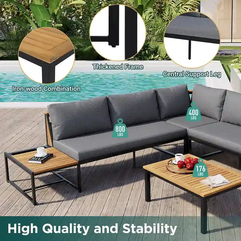 Set da divano da esterno 4 pezzi con cuscini impermeabili e design resistente in ferro e legno