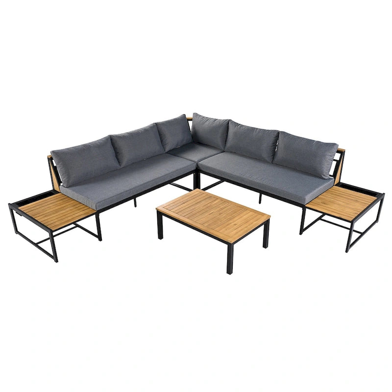 Set da divano da esterno 4 pezzi con cuscini impermeabili e design resistente in ferro e legno