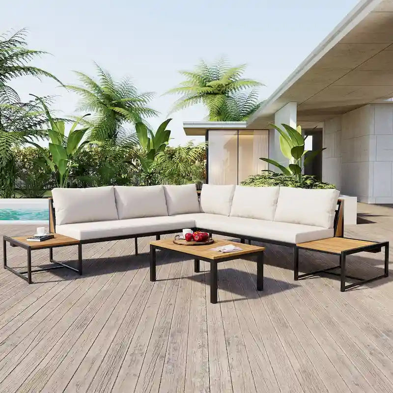Set da divano da esterno 4 pezzi con cuscini impermeabili e design resistente in ferro e legno