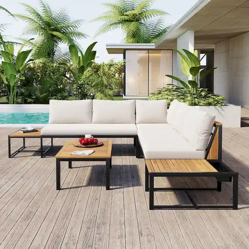 Set da divano da esterno 4 pezzi con cuscini impermeabili e design resistente in ferro e legno