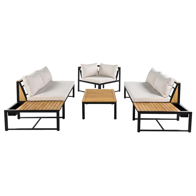 Set da divano da esterno 4 pezzi con cuscini impermeabili e design resistente in ferro e legno