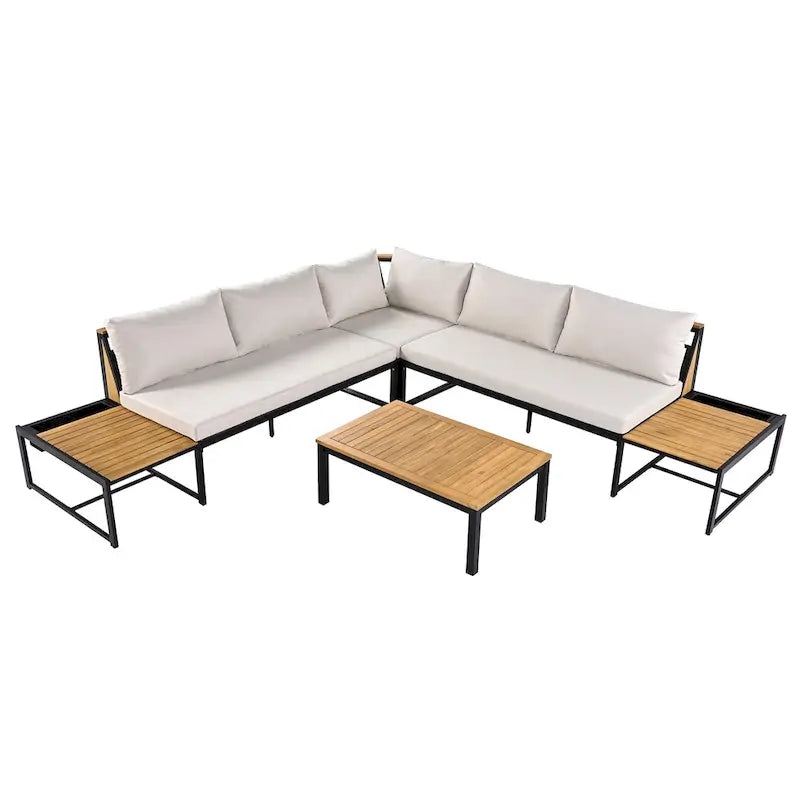 Set da divano da esterno 4 pezzi con cuscini impermeabili e design resistente in ferro e legno