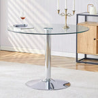 Tavolo da pranzo circolare moderno con elegante piano in vetro e robuste gambe in metallo per vari ambienti