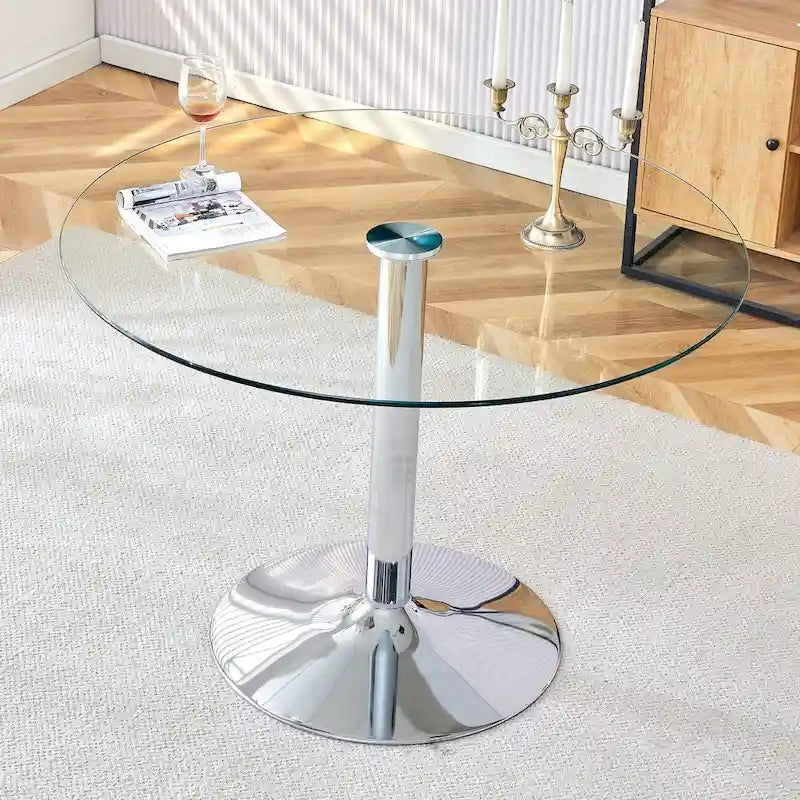 Tavolo da pranzo circolare moderno con elegante piano in vetro e robuste gambe in metallo per vari ambienti