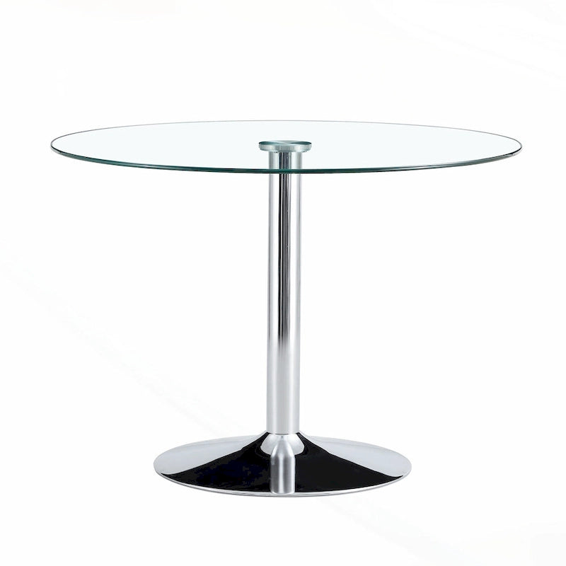 Tavolo da pranzo circolare moderno con elegante piano in vetro e robuste gambe in metallo per vari ambienti