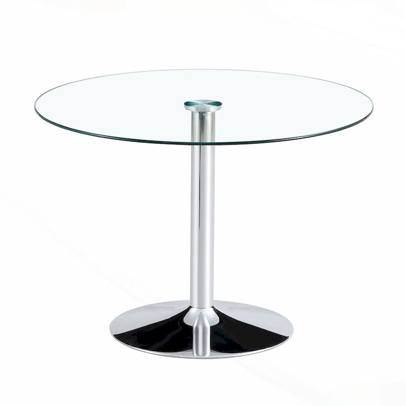 Tavolo da pranzo circolare moderno con elegante piano in vetro e robuste gambe in metallo per vari ambienti