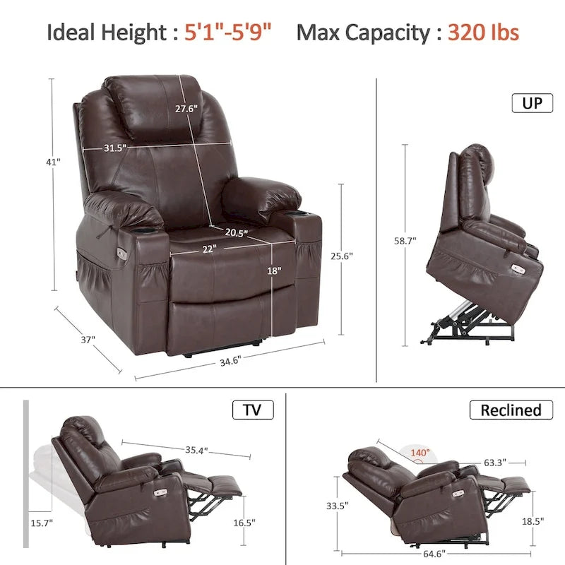 MCombo Grande Poltrona Reclinabile Elettrica in Pelle con Massaggio, Riscaldamento, Portabicchieri, Poggiapiedi Estensibile, Pelle 7516