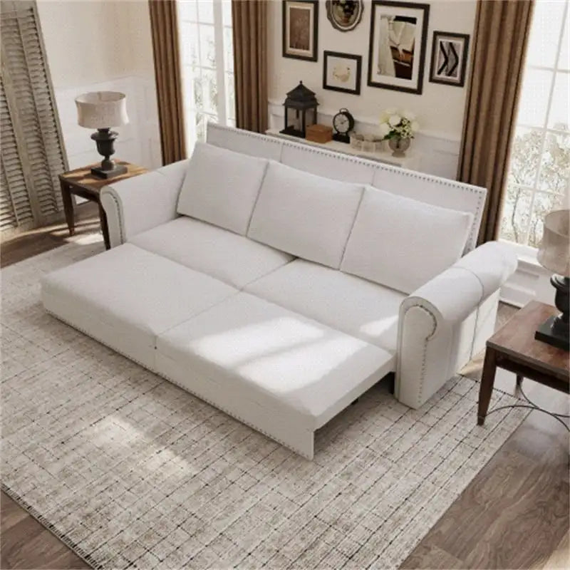 Divano letto Chesterfield estraibile a 3 posti King size, divano letto convertibile in velluto/ecopelle con finiture borchiate e braccioli arrotolati