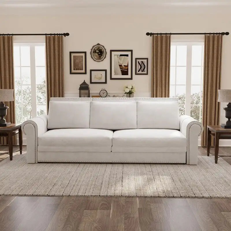 Divano letto Chesterfield estraibile a 3 posti King size, divano letto convertibile in velluto/ecopelle con finiture borchiate e braccioli arrotolati