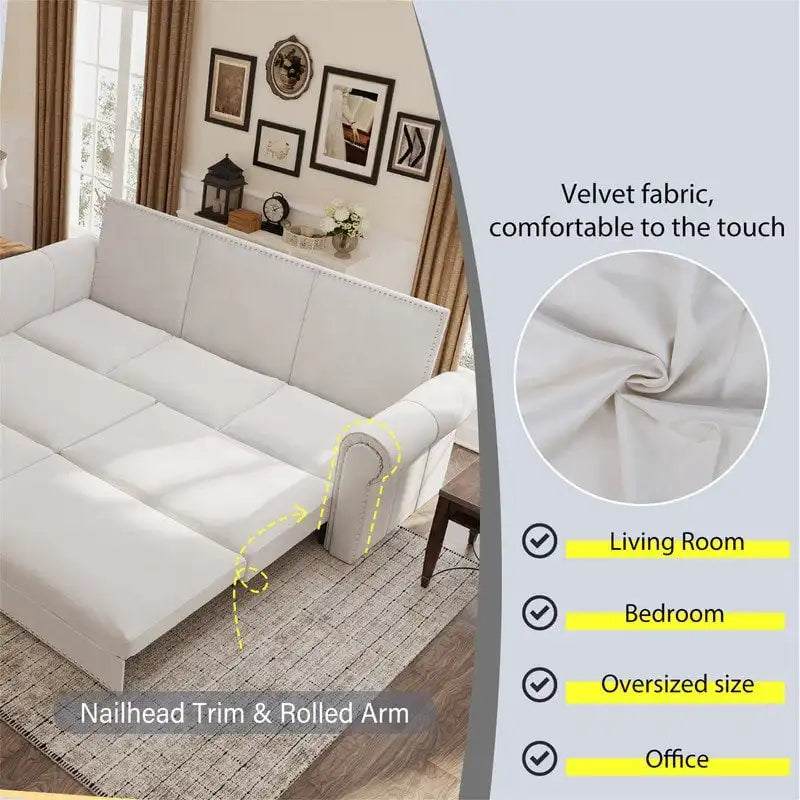 Divano letto Chesterfield estraibile a 3 posti King size, divano letto convertibile in velluto/ecopelle con finiture borchiate e braccioli arrotolati