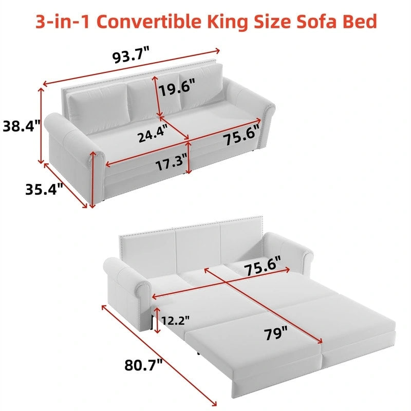 Divano letto Chesterfield estraibile a 3 posti King size, divano letto convertibile in velluto/ecopelle con finiture borchiate e braccioli arrotolati